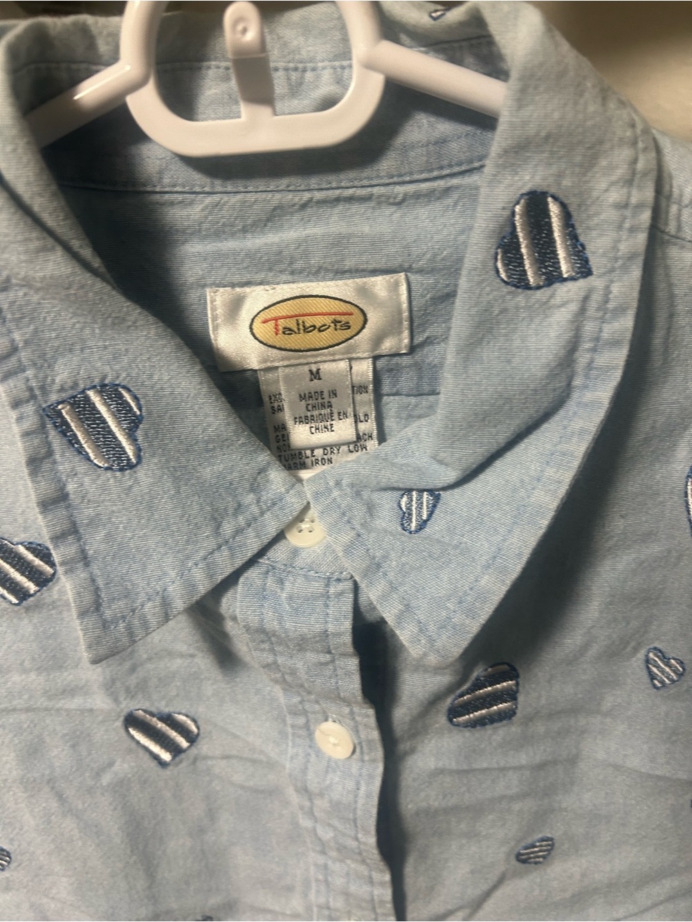 Talbots Light Blue Button-Down Shirt with Navy Heart Embroidery